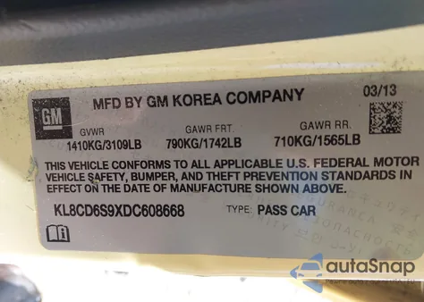 2013 Chevrolet Spark 1Lt Auto from USA, damaged, VIN KL8CD6S9XDC608668